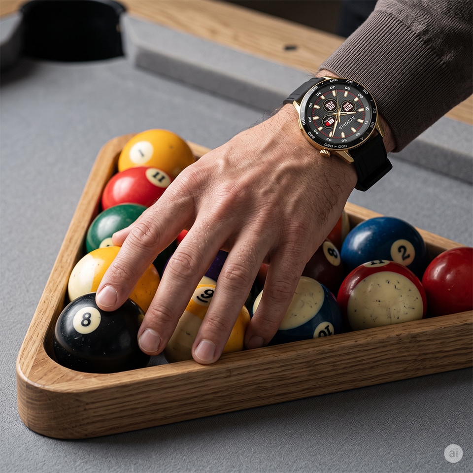 Smartwatch na nadgarstku gracza podczas gry w bilard