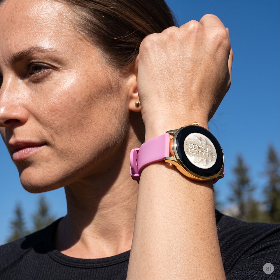 Smartwatch z różowym paskiem na nadgarstku kobiety podczas treningu