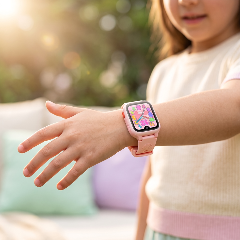 Różowy smartwatch dla dziecka na nadgarstku dziewczynki w ogrodzie