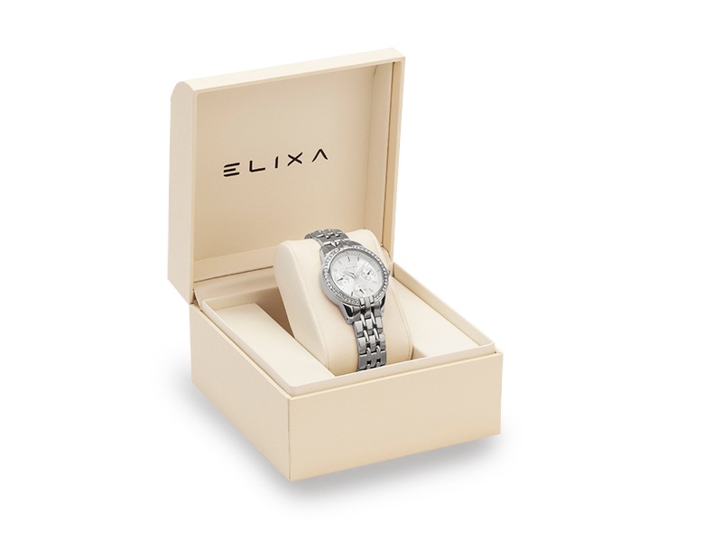 srebrny zegarek Elixa w pudełku w kolorze ecru