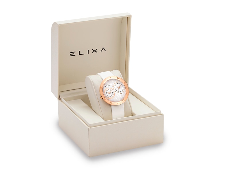biały zegarek E123-L506 w pudełku