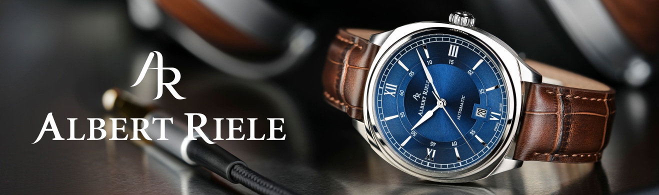 Grafika zegarka z paskiem z brązowej skóry i tarczą w kolorze niebieskim