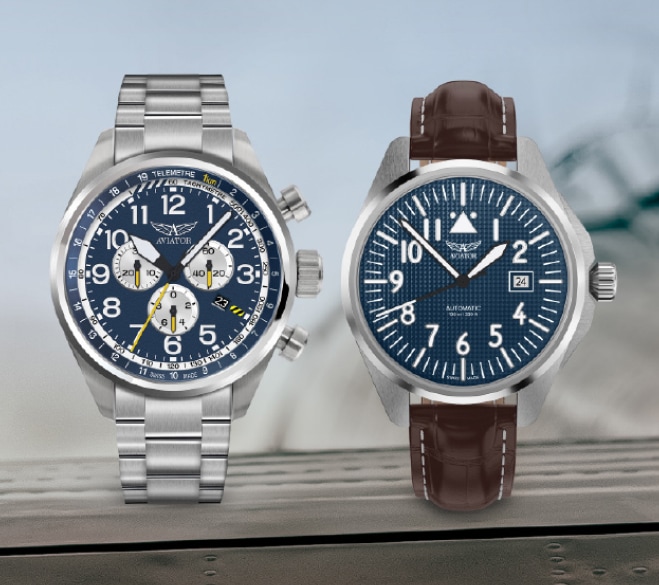 Zegarki marki Aviator - jeden z paskiem ze skóry drugi z bransoletą ze stali
