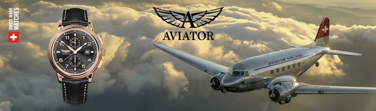 Szwajcarski zegarek Aviator inspirowany lotnictwem na tle zabytkowego samolotu i chmur
