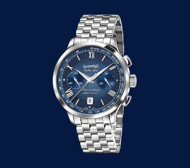 Męski chronograf Eberhard Extra-fort na stalowej bransolecie z granatową tarczą