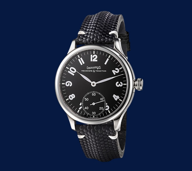 Zegarek męski Eberhard Mécanisme & Tradition z czarną tarczą i paskiem o fakturze łuski