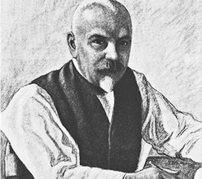 Portret szkicowany zegarmistrza z wąsem i bródką w kamizelce