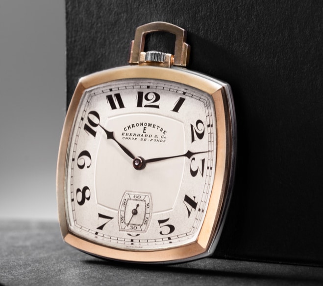 Klasyczny złoto-srebrny zegarek kieszonkowy Chronometre Eberhard & Co. w kształcie poduszki