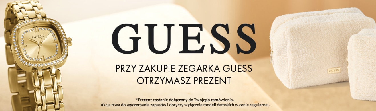 Zegarek marki Guess oraz kosmetyczka w kolorze beżowym