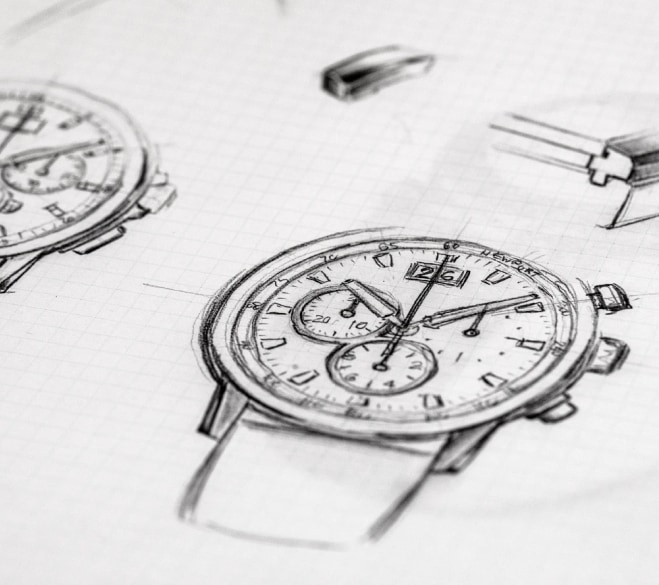 Szkic koncepcyjny i projekt chronografu zegarka Herbelin Newport na papierze
