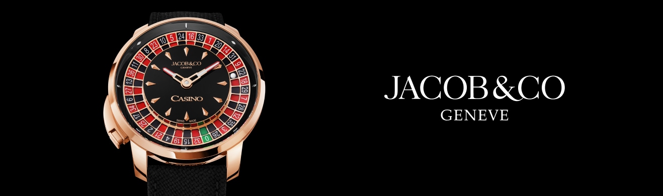 Grafika zegarka z paskiem z czarnej skóry i tarczą na wzór roletki casyna na czarnym tle