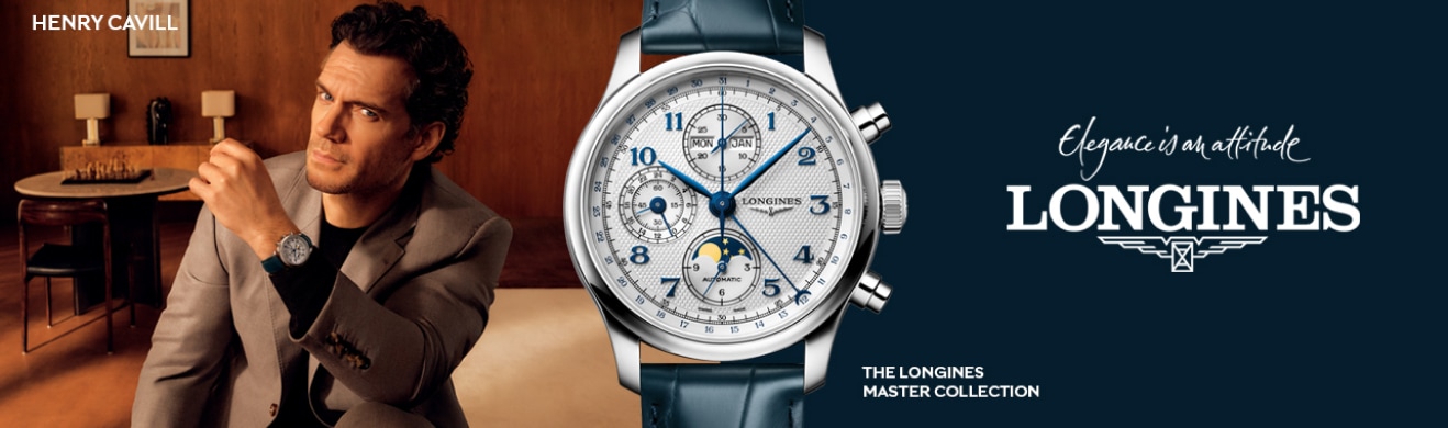 Grafika przedstawiająca mężczyznę prezentującego elegancki zegarek marki Longines