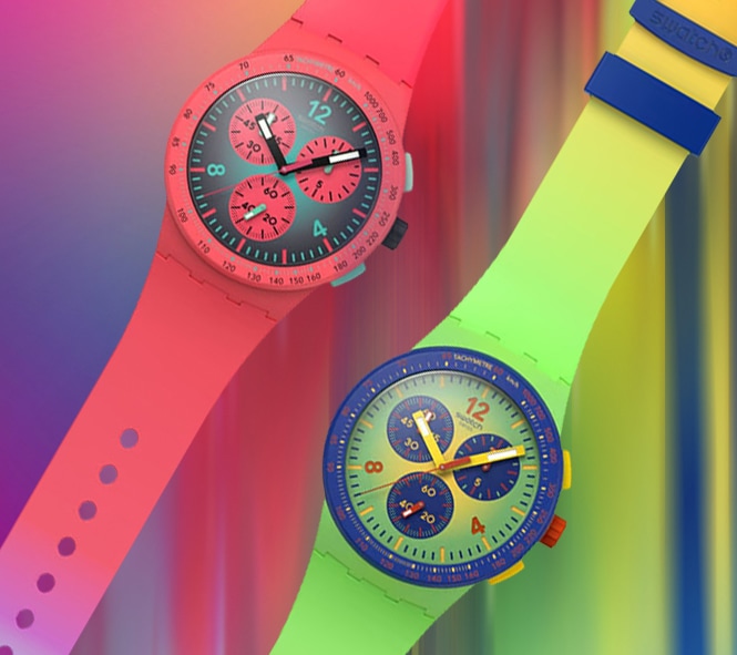 Dwa zegarki w neonowych odcieniach różu i zółci