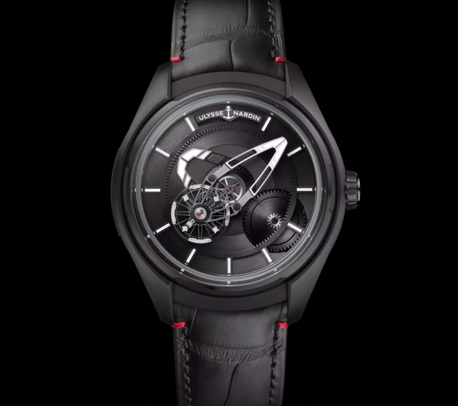 Czarny zegarek Ulysse Nardin na skórzanym pasku z czerwonymi przeszyciami