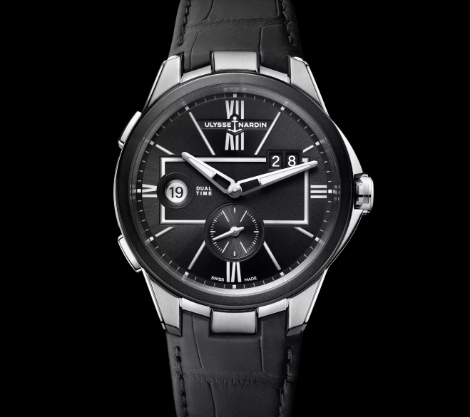 Zegarek Ulysse Nardin z czarną tarczą na czarnym skórzanym pasku