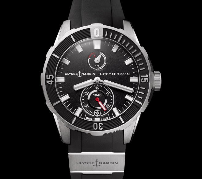 Czarny zegarek Ulysse Nardin na skórzanym pasku z czerwonymi przeszyciami