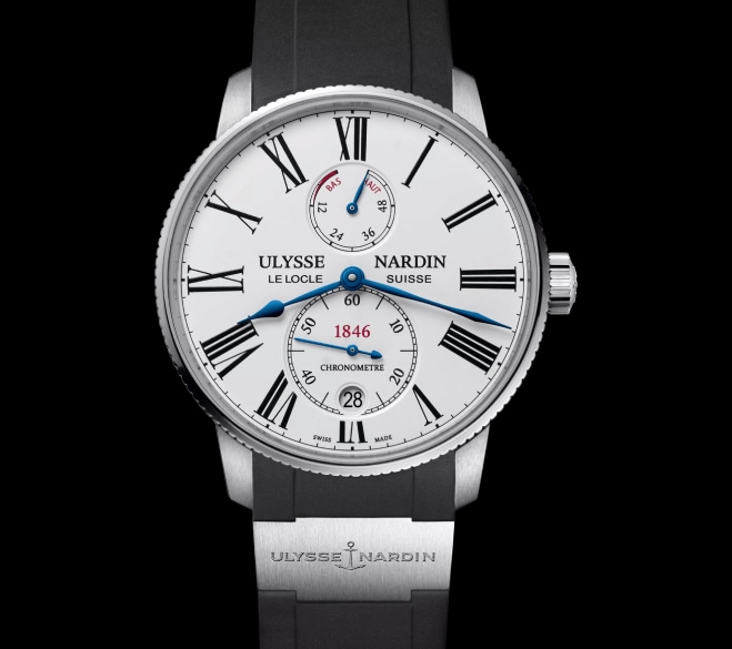 Zegarek Ulysse Nardin z białą tarczą i czarnym paskiem