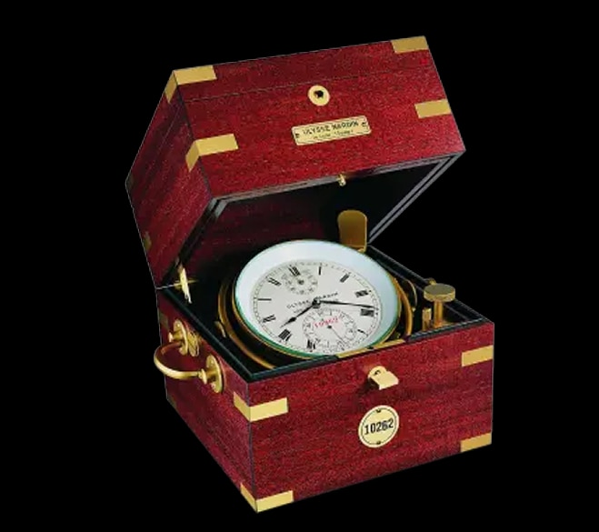 Zabytkowy chronometr morski Ulysse Nardin w drewnianej skrzynce