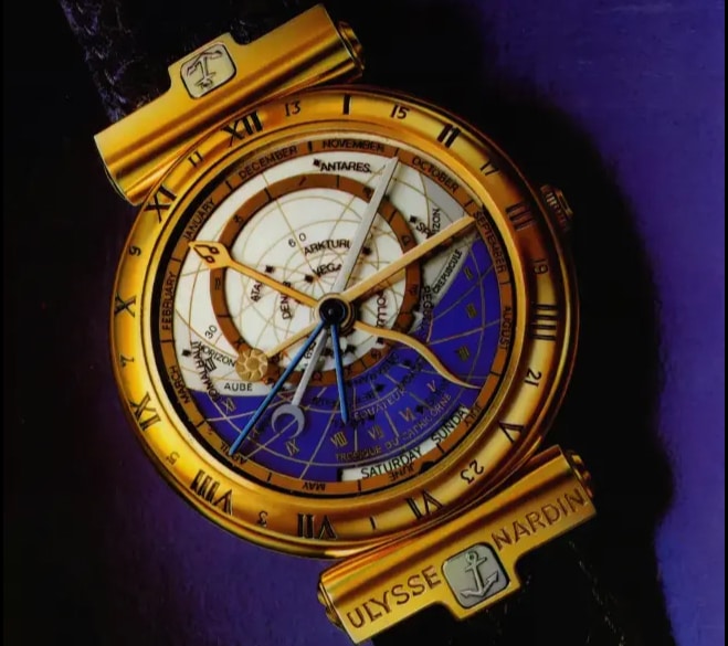 Złoty zegarek astronomiczny Ulysse Nardin ze złożoną tarczą