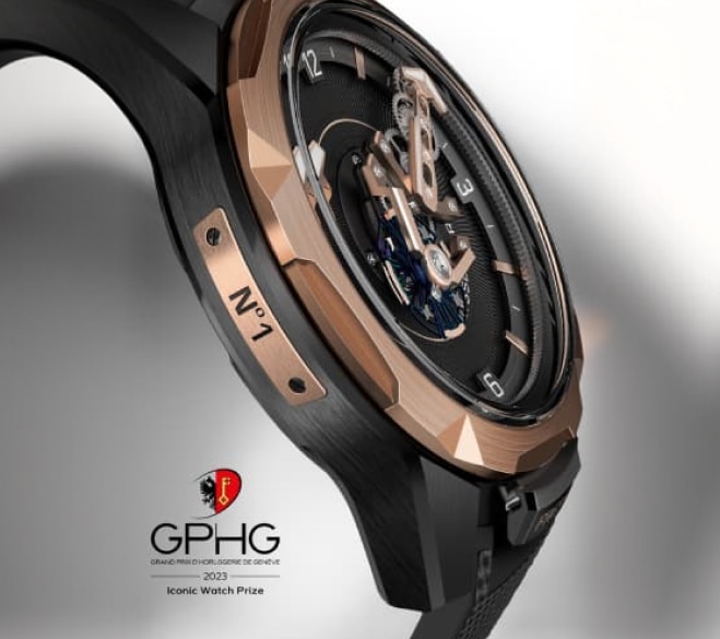 Zegarek o czarno-złotej kopercie i logo nagrody GPHG 2023 Iconic Watch Prize