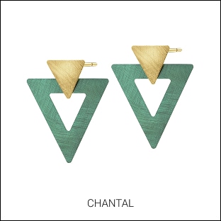Geometric stud earrings featuring gold and green triangle designs