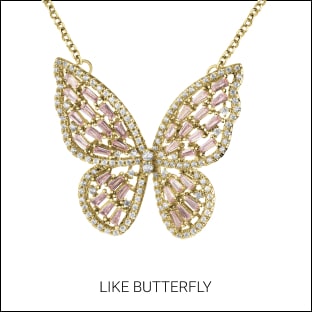Gold necklace with a butterfly pendant adorned with pink and clear crystals