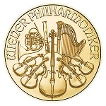Złota moneta z wizerunkiem instrumentów muzycznych z mennicy Munze Osterreich
