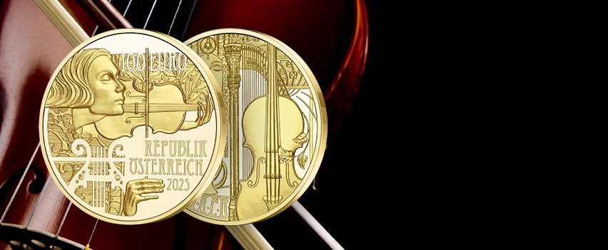 Złota moneta z wizerunkiem Wiedeńskich instrumentów muzycznych