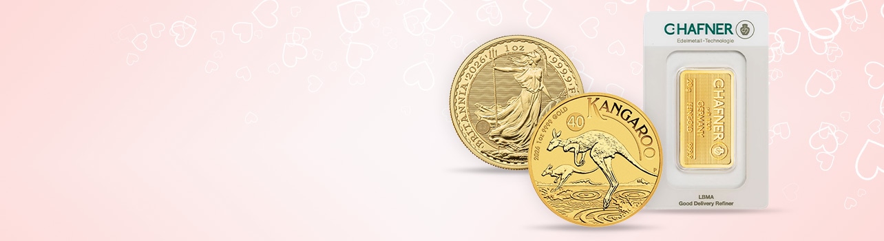 Złote monety i sztabka C-Hafner na walentynkowym tle