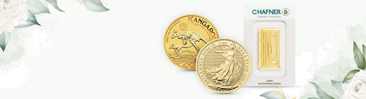 Złote monety i sztabka C-Hafner na tle kwiatów