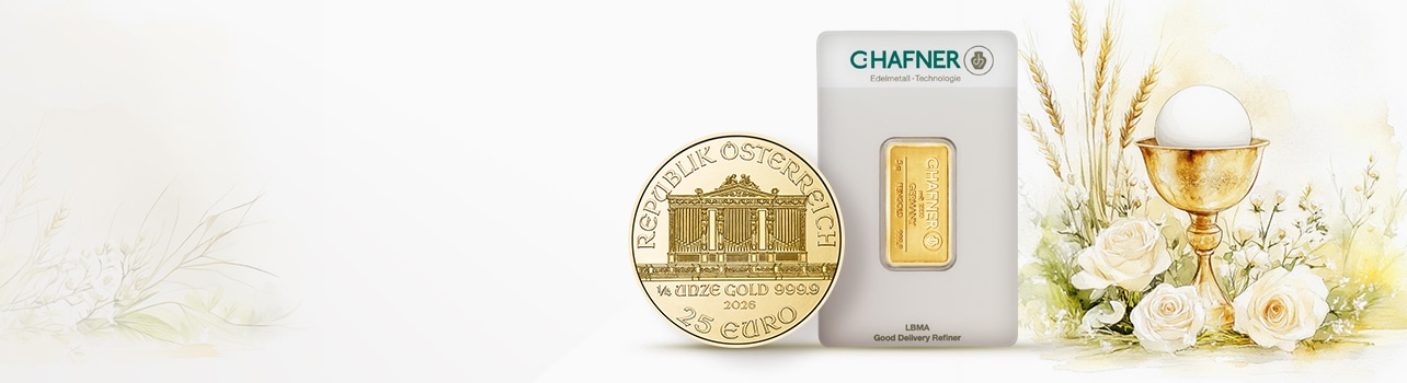 Złota monety i sztabka C-Hafner na komunijnym tle