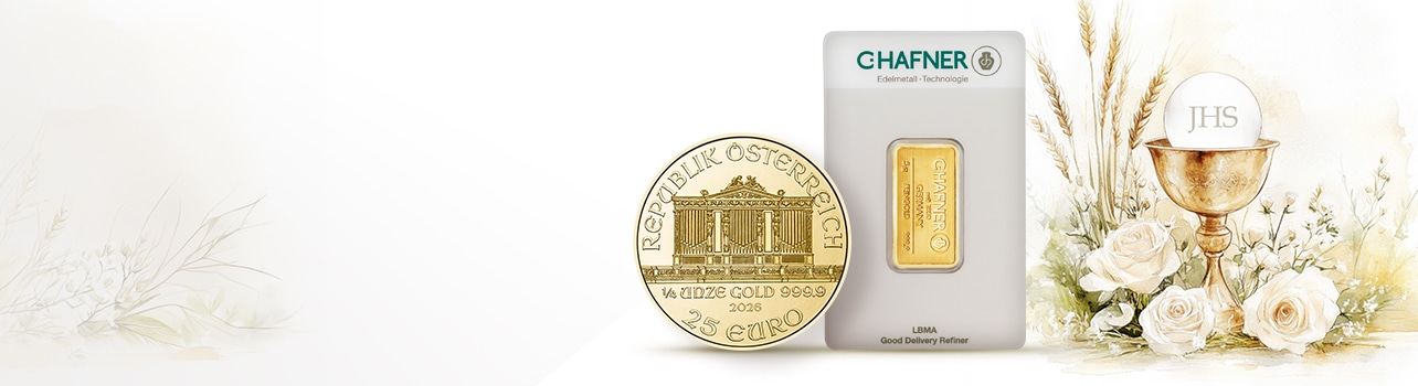 Złota monety i sztabka C-Hafner na komunijnym tle