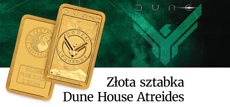 Złota Sztabka Dune przedstawiająca logo „DOMU ATRYDÓW” wraz z wizerunkiem wydm i linii konturowych