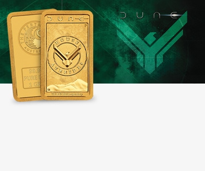 Złota Sztabka Dune przedstawiająca logo „DOMU ATRYDÓW” wraz z wizerunkiem wydm i linii konturowych