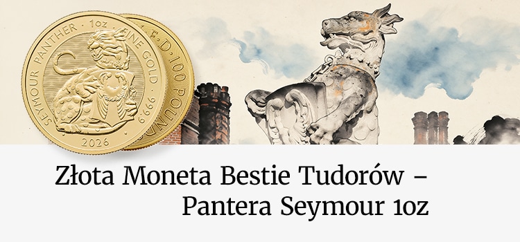 Złota moneta bulionowa Seymour Panther z 2026 roku na tle kamiennej rzeźby pantery
