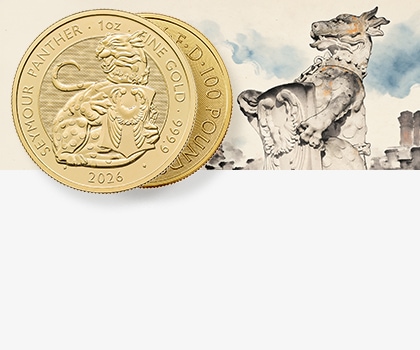 Złota moneta bulionowa Seymour Panther z 2026 roku na tle kamiennej rzeźby pantery