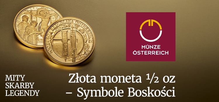Dwie złote monety mennicy Münze Österreich z serii Mity, Skarby, Legendy z motywami historyczno-religijnymi