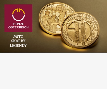 Dwie złote monety mennicy Münze Österreich z serii Mity, Skarby, Legendy z motywami historyczno-religijnymi