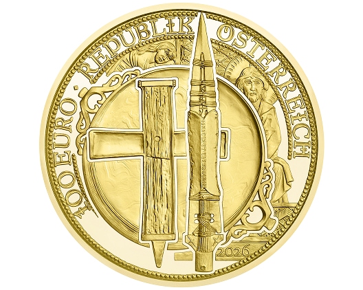 Awers złotej monety przedstawiający Włócznię oraz krzyż