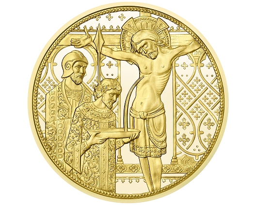 Rewers złotej monety kolekcjonerskiej przedstawiającej scenę Ukrzyżowania Chrystusa