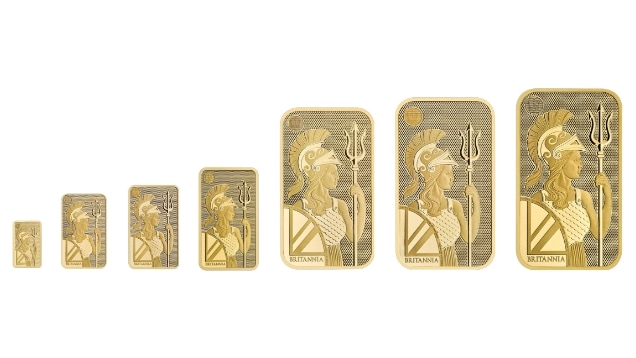 Złote sztabki Britannia 2025 w różnych rozmiarach – prezentacja serii inwestycyjnej z wizerunkiem Britannii i certyfikatem The Royal Mint